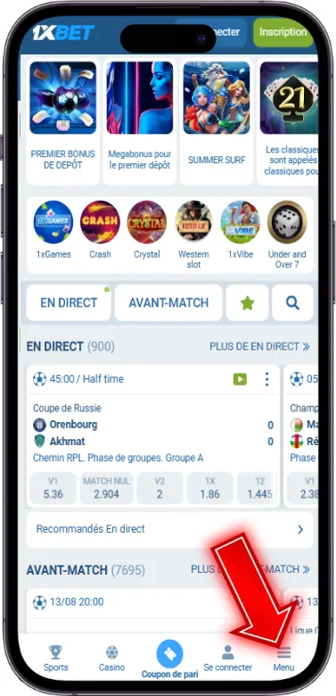 1xbet bouton de menu