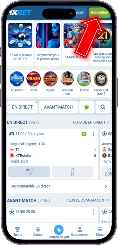 1xbet bouton d'inscription