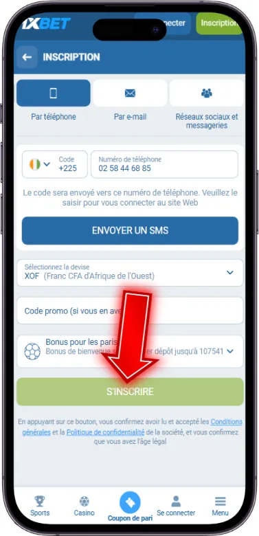 1xbet inscription terminée